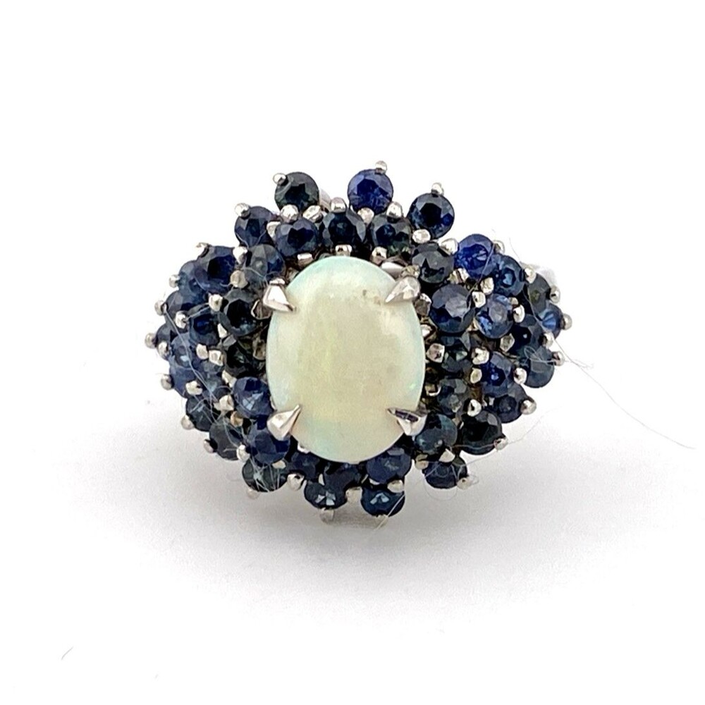 Estate Opal Sapphire Princess Cluster Ring Sterling Silver White Gold Plate Sz7
